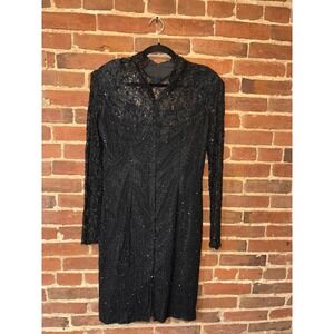 Vintage Stenay Black Silk Beaded Sequin Dress Sz 8 Evening Gown Full Zip Back